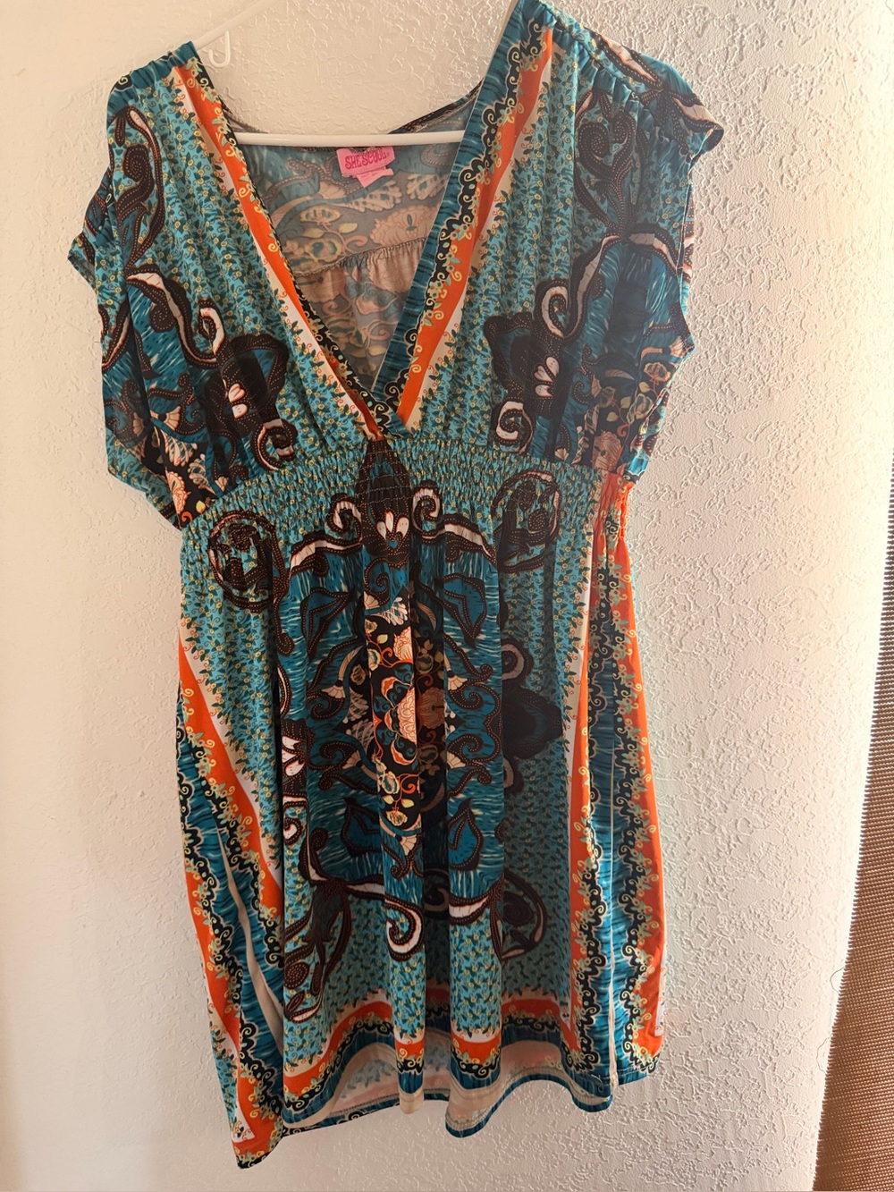Vibrant Teal & Orange Patterned V-Neck Dress